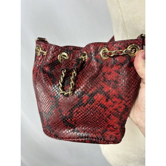 Michael Kors Frankie Crossbody Bag Red Black Snakeskin Print Small Pouch Bucket - Picture 3 of 14